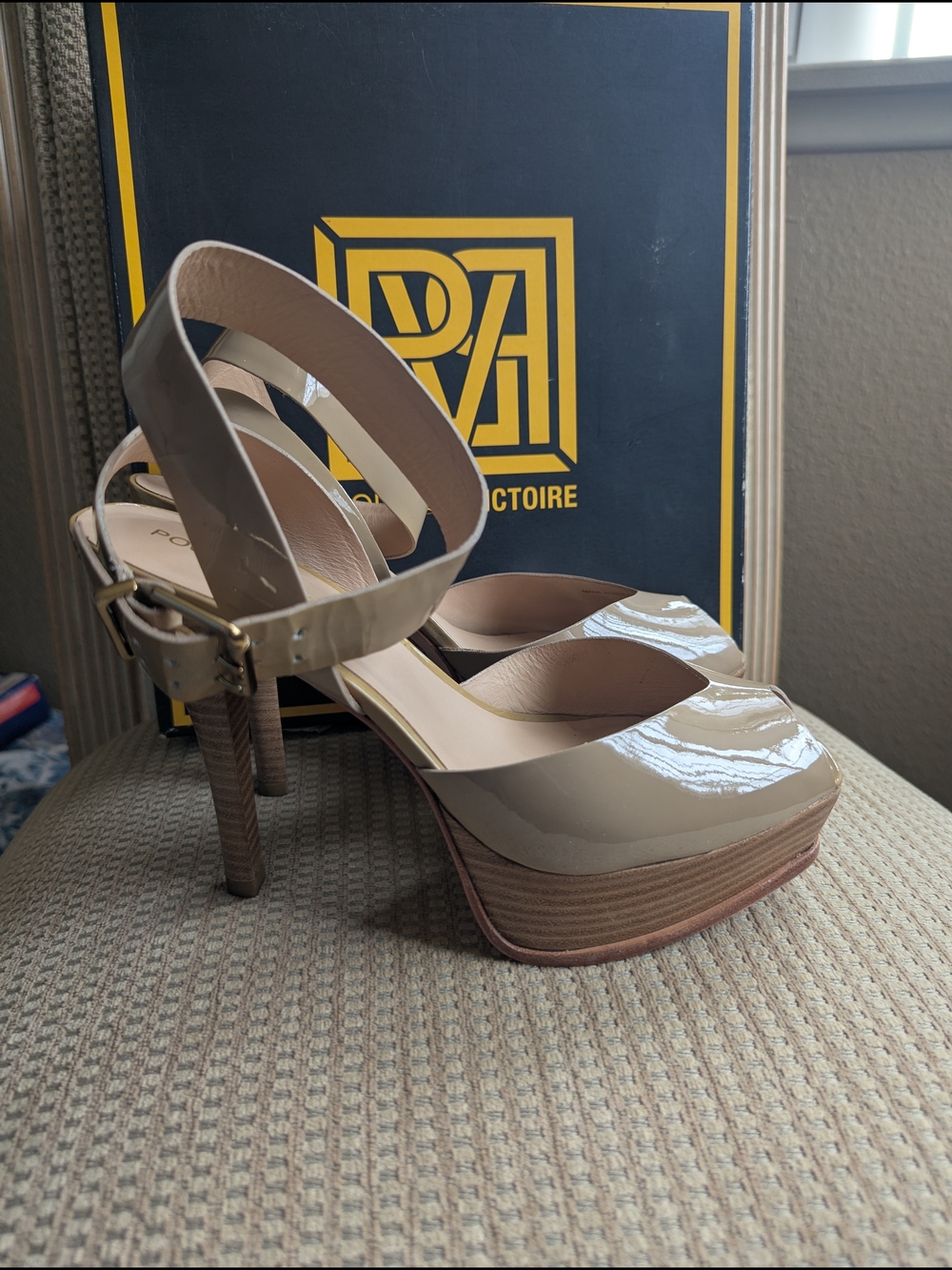 Pour La Victoire Beige Patent Platform Sandal with Ankle Strap